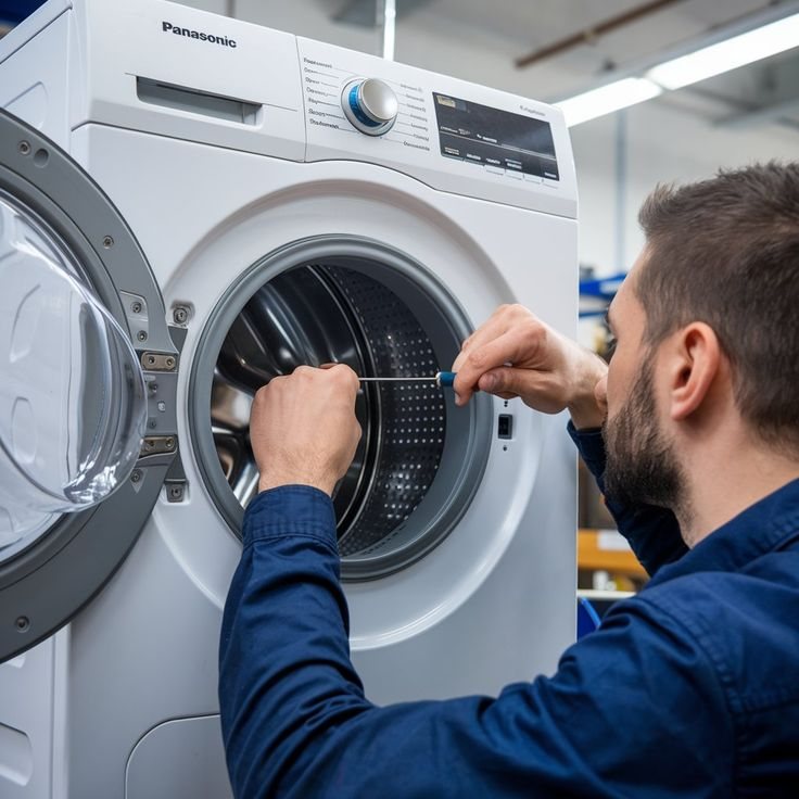 Technician using a screwdriver to repair an open front-loading washing machine