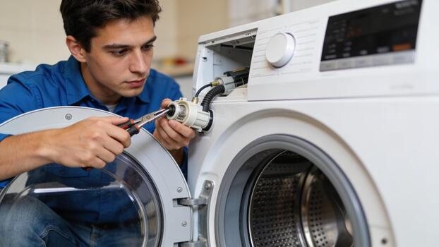 Technician using a hand tool on an exposed component beside an open front-loading washing machine